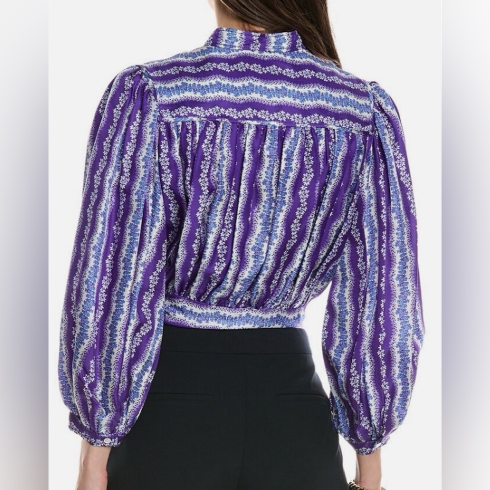 Sandro Silk Floral Stripe Purple Blue Balloon Sleeve Button Tie Cropped Blouse S - Picture 11 of 17